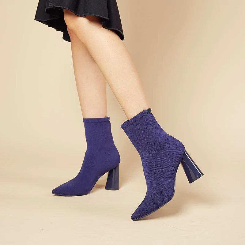 Pointed Toe Block Heel Knit Ankle Boots - Purple