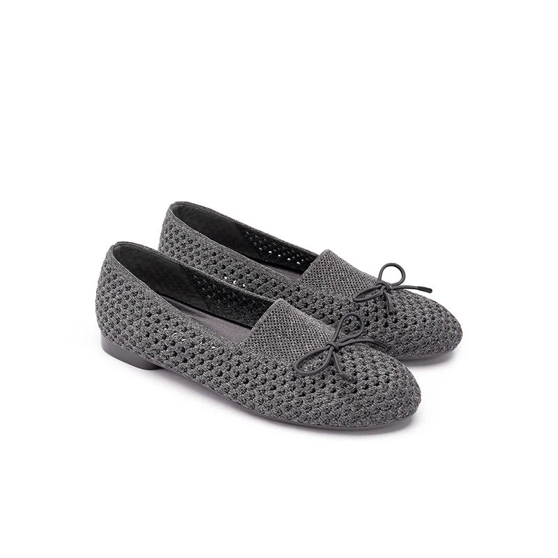 Bow Hollow Mesh Knit Round Toe Low Heel Flats - Charcoal