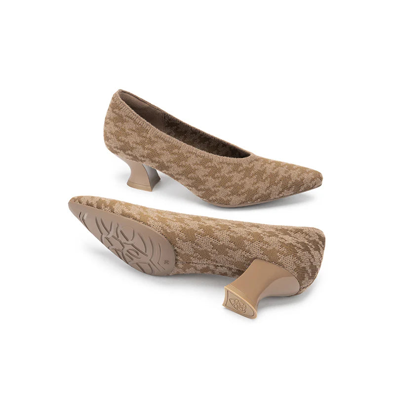 Houndstooth Block Heel Pumps - Mocha