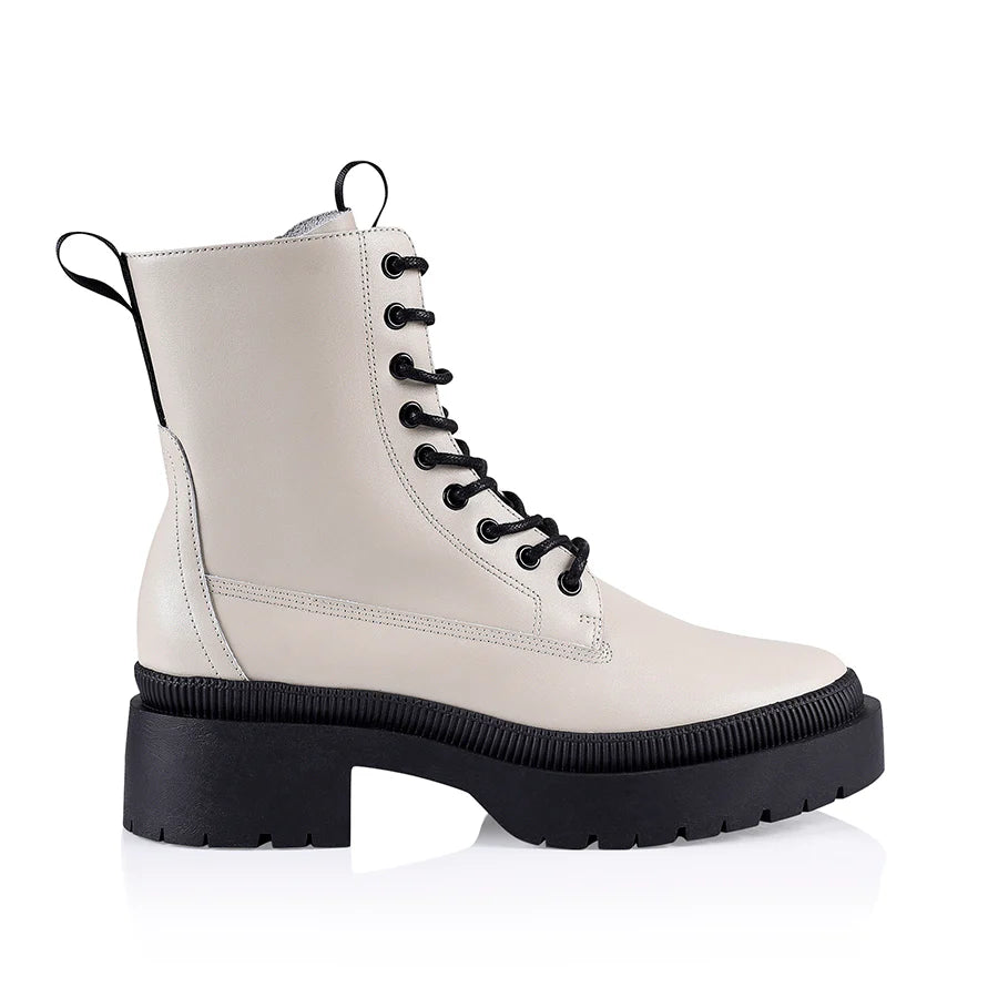 Siren Combat Chunky Boots - Cream Leather