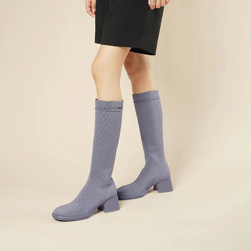 Mademoiselle Round Toe Knee High Sock Boots - Grey
