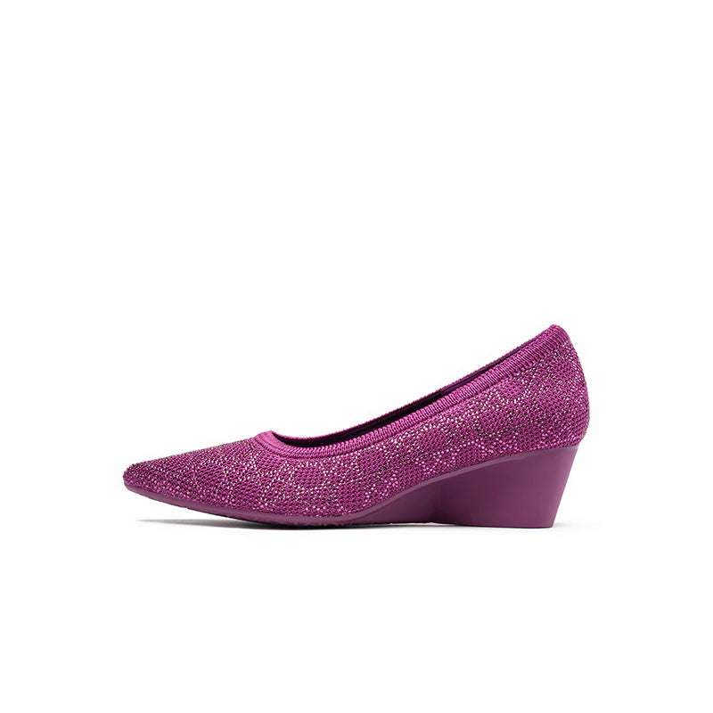 Rhinestone Check Knit Pointed Toe Wedge Pumps - Fuchsia