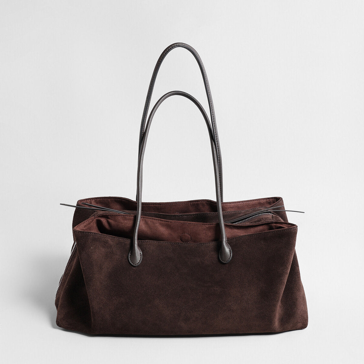 Suede Leather Triple-Compartment Tote Bag - Chocolate