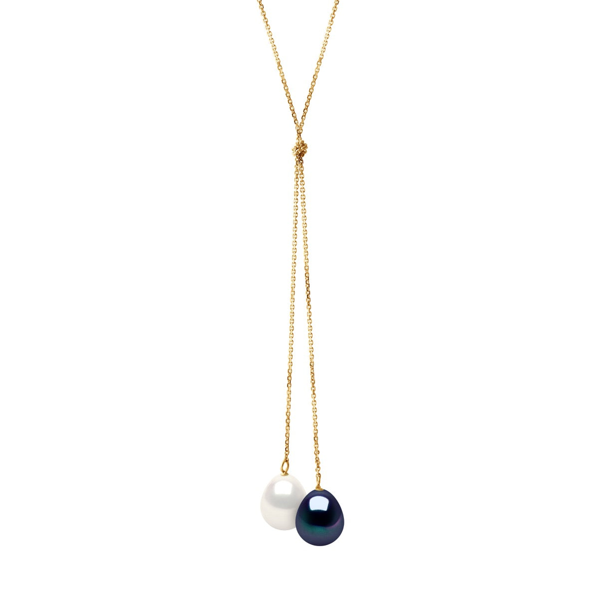 Necklace " You & Me" 2 Real Cultured Freshwater Pearls Pear 9-10 mm - "Natural Pearl White" + Black "Tahitian Style" - Longueur 18 cm