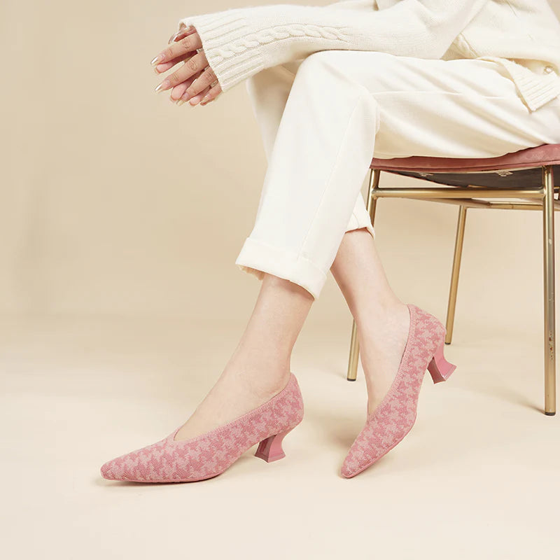 Houndstooth Block Heel Pumps - Pink