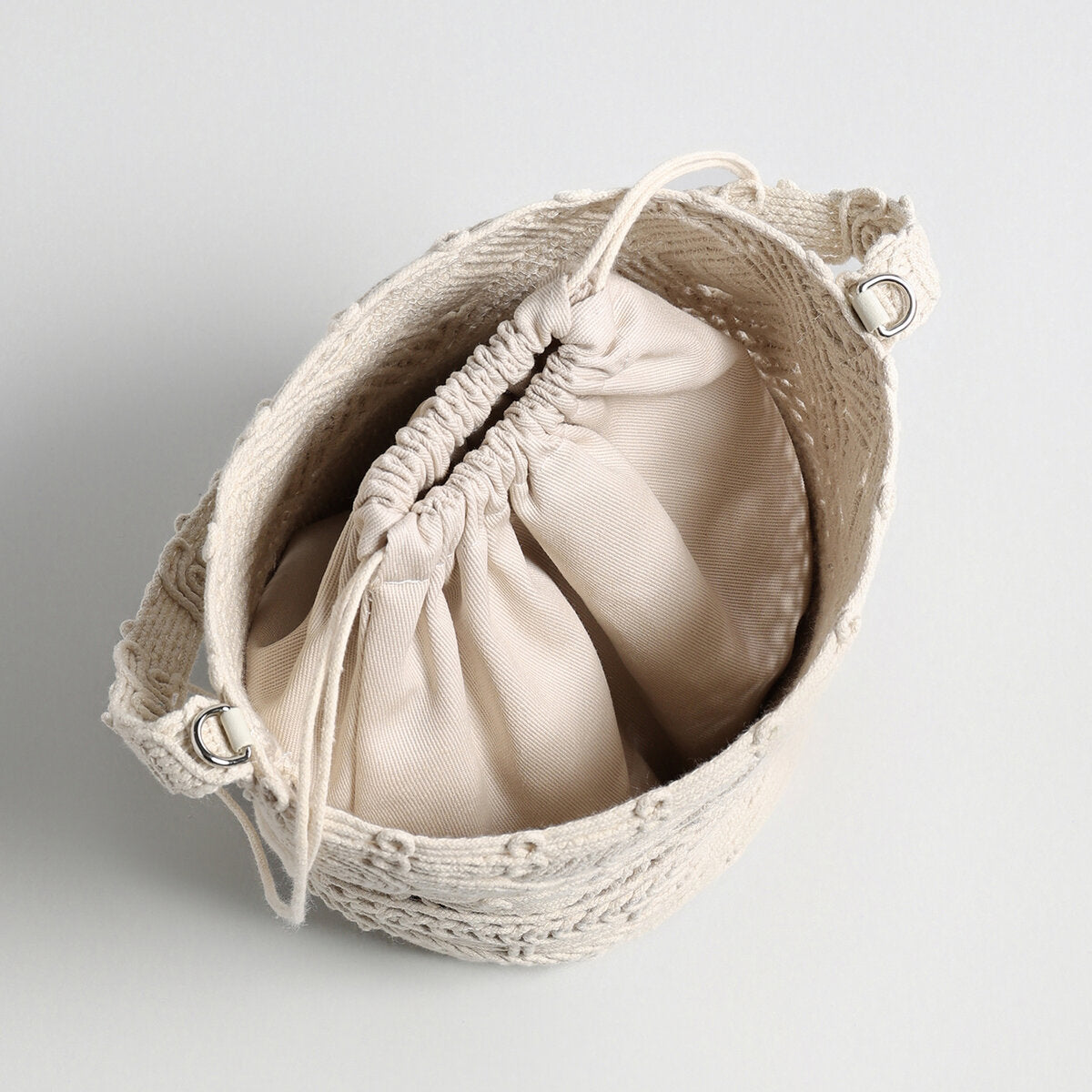 Multi-Pattern Macrame Bucket Bag - Ivory