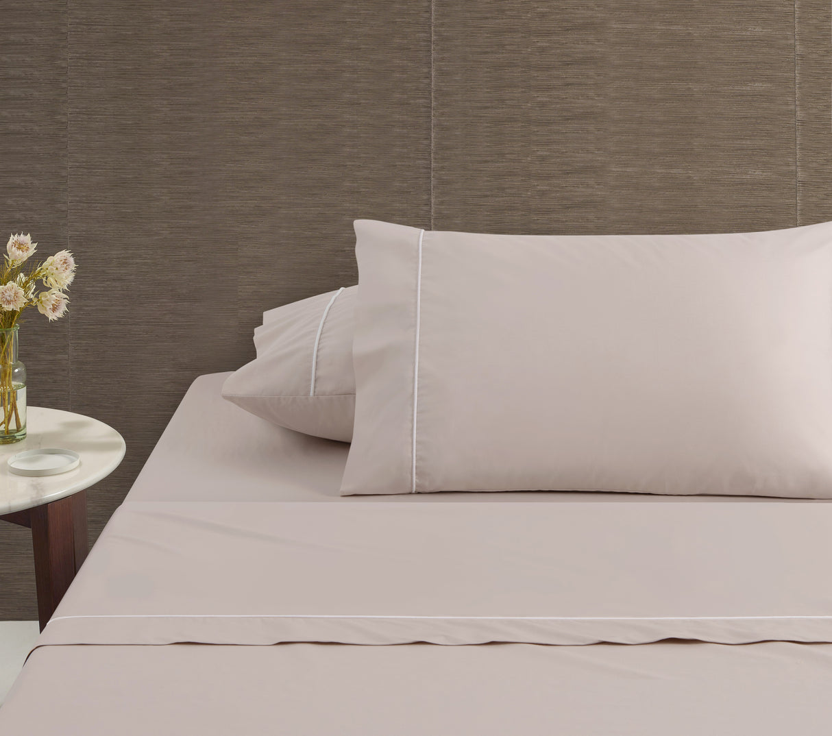 Accessorize Hotel Deluxe Cotton Piped Sheet Set - Natural/White
