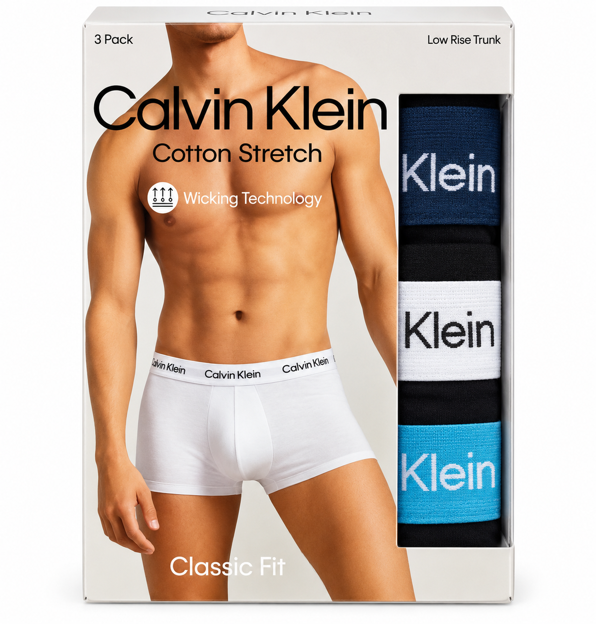 Calvin Klein Men's Cotton Stretch 3 Pack Low Rise Trunks - Black with Spellbound/Black with White/Black with Blue Atoll