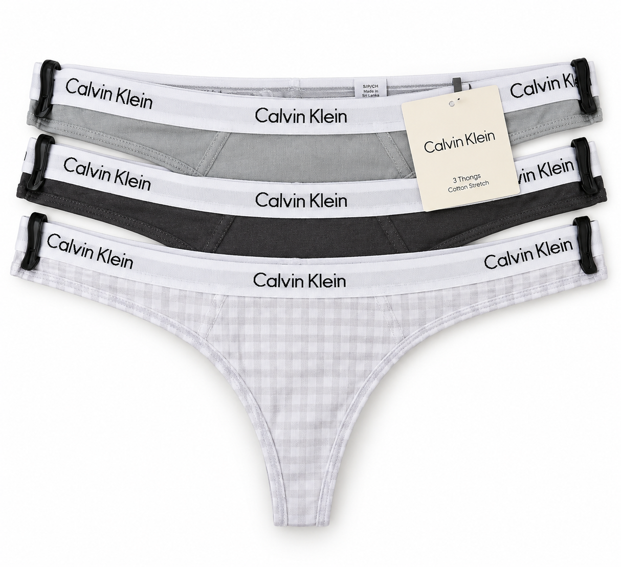 Calvin Klein Women's Carousel 3 Pack Thong - Wolf Grey/Forged Iron/Gingham Lavender Blue