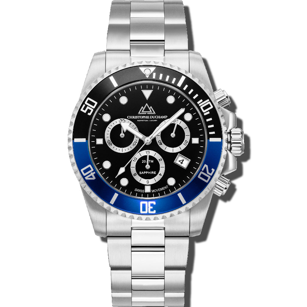 Christophe Duchamp Marine Chrono - Black Dial with Black & Blue Bezel and Silver Stainless Steel Strap