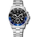Christophe Duchamp Marine Chrono - Black Dial with Black & Blue Bezel and Silver Stainless Steel Strap
