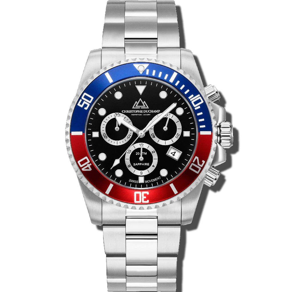 Christophe Duchamp Marine Chrono - Black Dial with Blue & Red Bezel and Silver Stainless Steel Strap