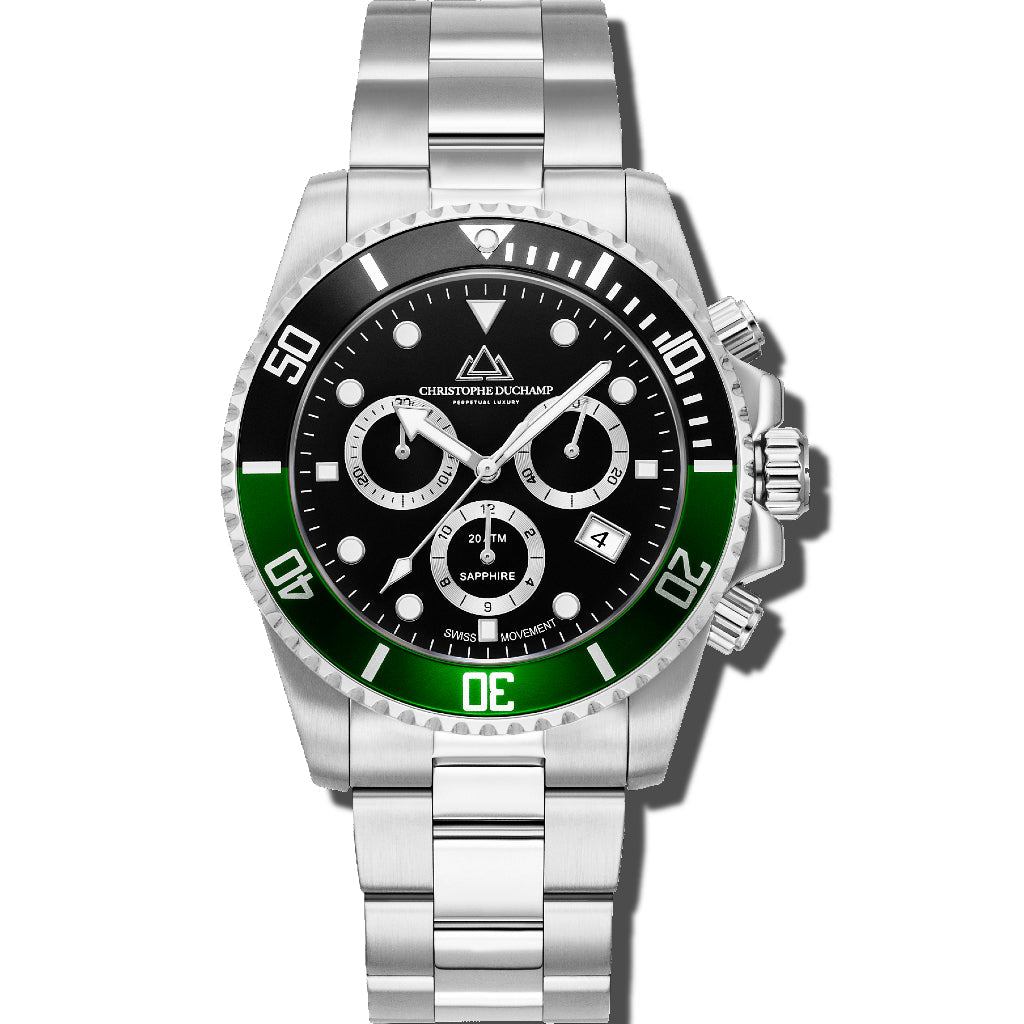 Christophe Duchamp Marine Chrono - Black Dial with Black & Green Bezel and Silver Stainless Steel Strap