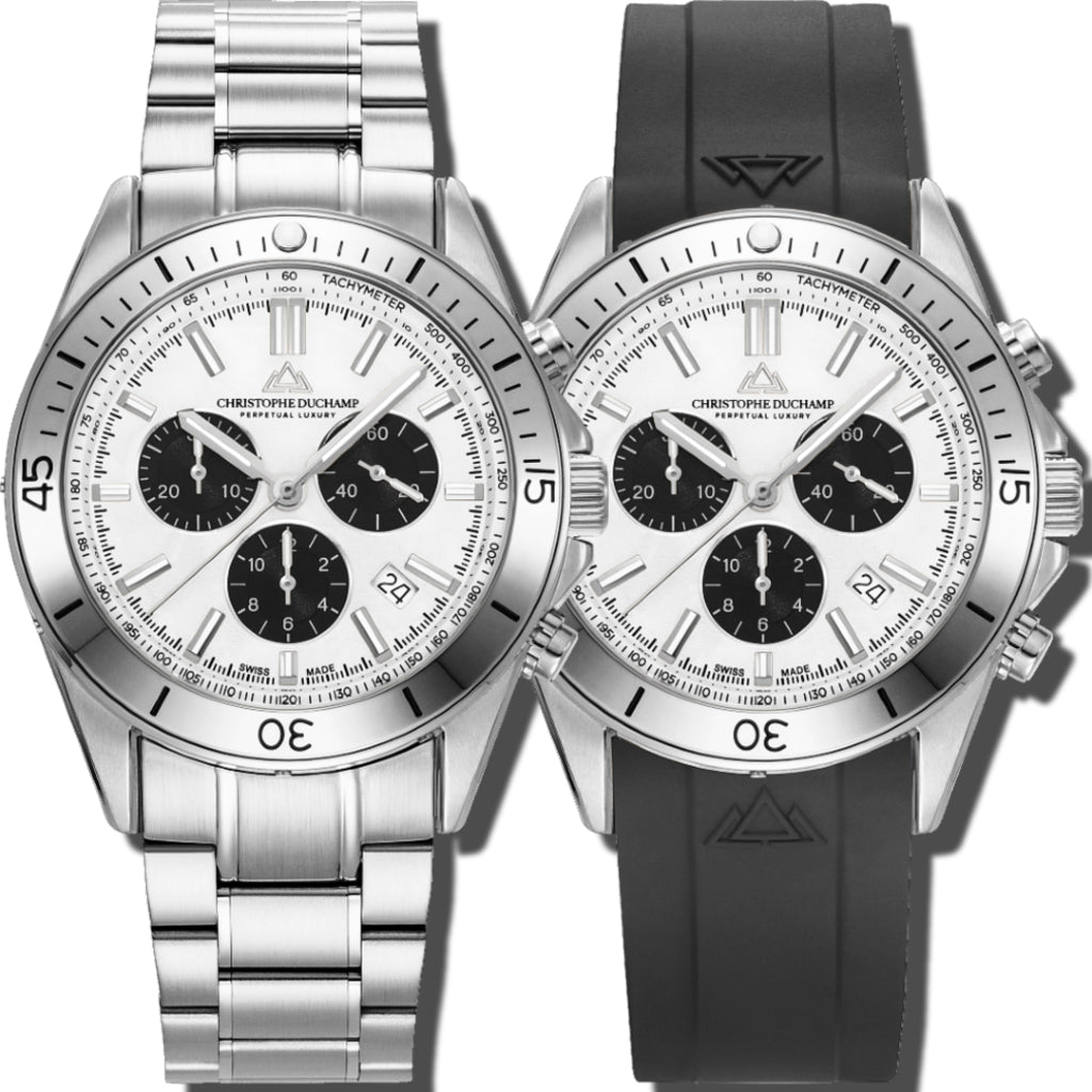 Christophe Duchamp Stratos - White Dial with Silver Stainless Steel Strap & Black Rubber Strap