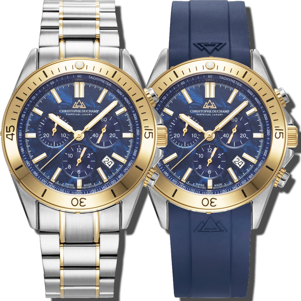 Christophe Duchamp Stratos - Blue Dial with Silver & Gold Stainless Steel Strap & Blue Rubber Strap