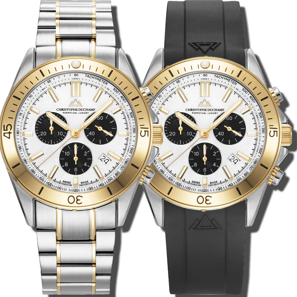 Christophe Duchamp Stratos - White Dial with Silver & Gold Stainless Steel Strap & Black Rubber Strap