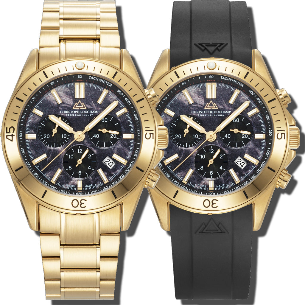 Christophe Duchamp Stratos - Black Dial with Gold Stainless Steel Strap & Black Rubber Strap
