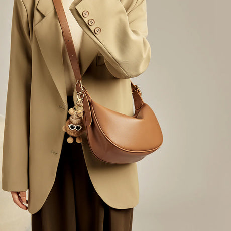 Nalandu Crescent Leather Crossbody Shoulder Bag with Bear Charm - Brown