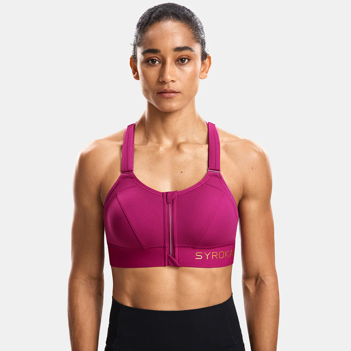 Zip Front Large Padded High Impact Sports Bra - Rose