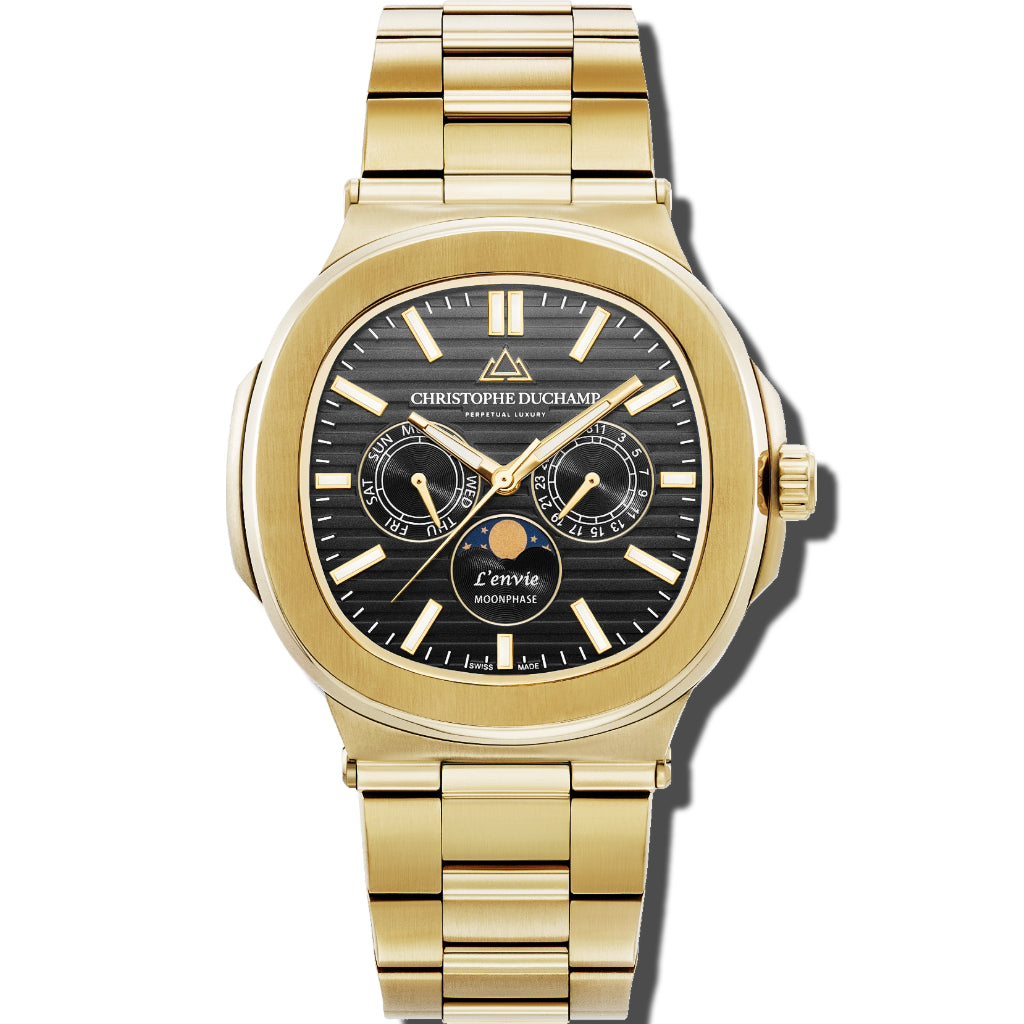Christophe Duchamp L'envie Moonphase - Black Dial with Gold Stainless Steel Strap