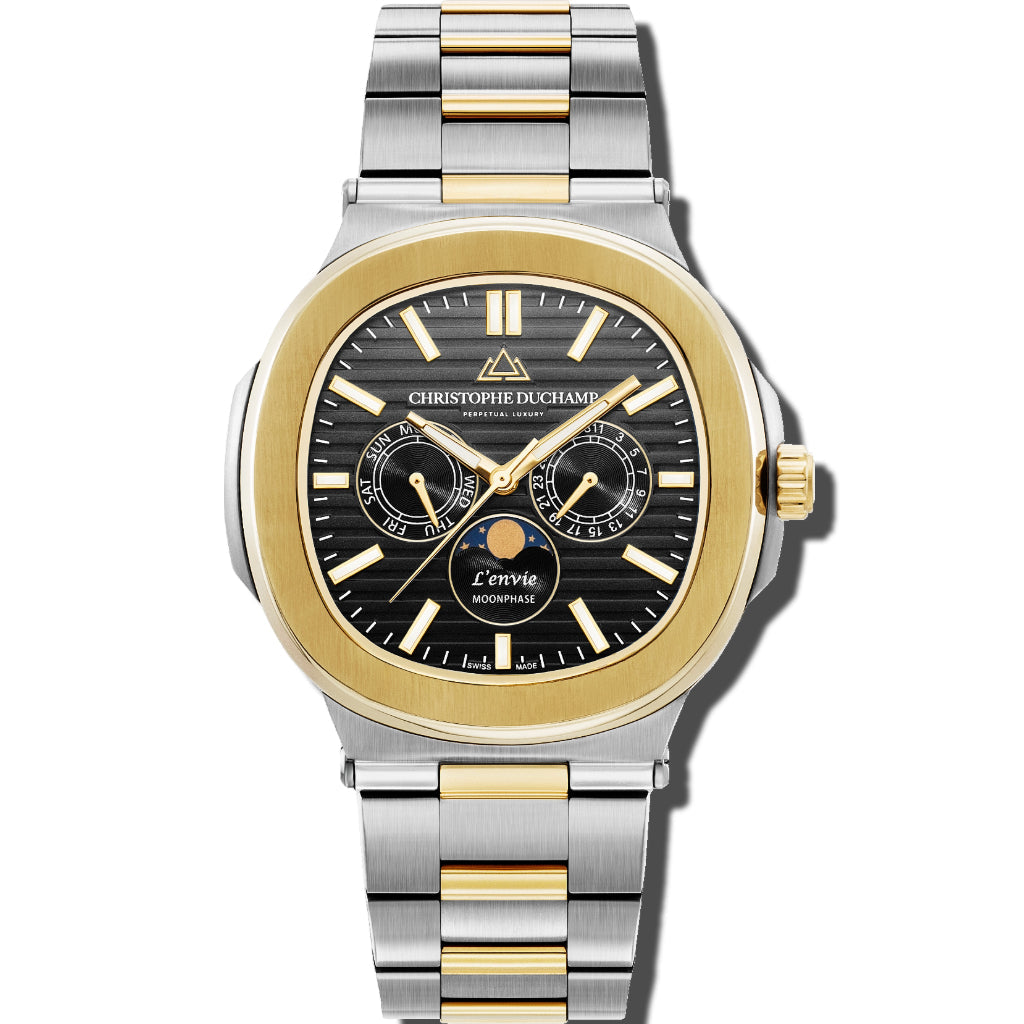 Christophe Duchamp L'envie Moonphase - Black Dial with Gold & Silver Stainless Steel Strap