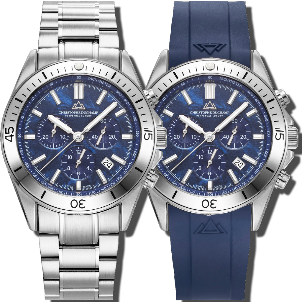 Christophe Duchamp Stratos - Blue Dial with Silver Stainless Steel Strap & Blue Rubber Strap