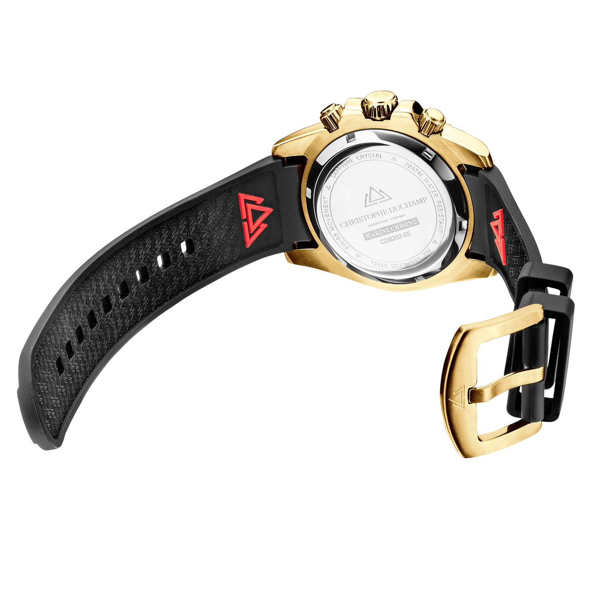 Christophe Duchamp Marine Chrono Rubber - Black Dial with Gold Case, Black Bezel and Black Rubber Strap