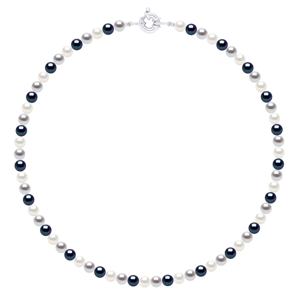 Necklace of Real Cultured Freshwater Pearls and Round 6-7 mm - Natural White + Grey (Pearl Grey) + Black "Tahitian Style" - Length 42 cm