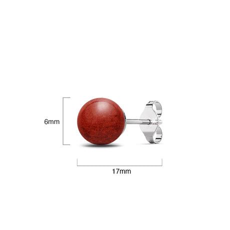 Solid 925 Sterling Silver Sphere Red Coral Stud Earrings