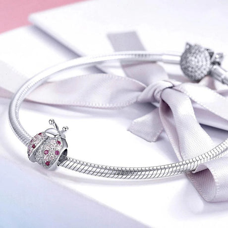 Solid 925 Sterling Silver Pink Beetle with CZ Charm
