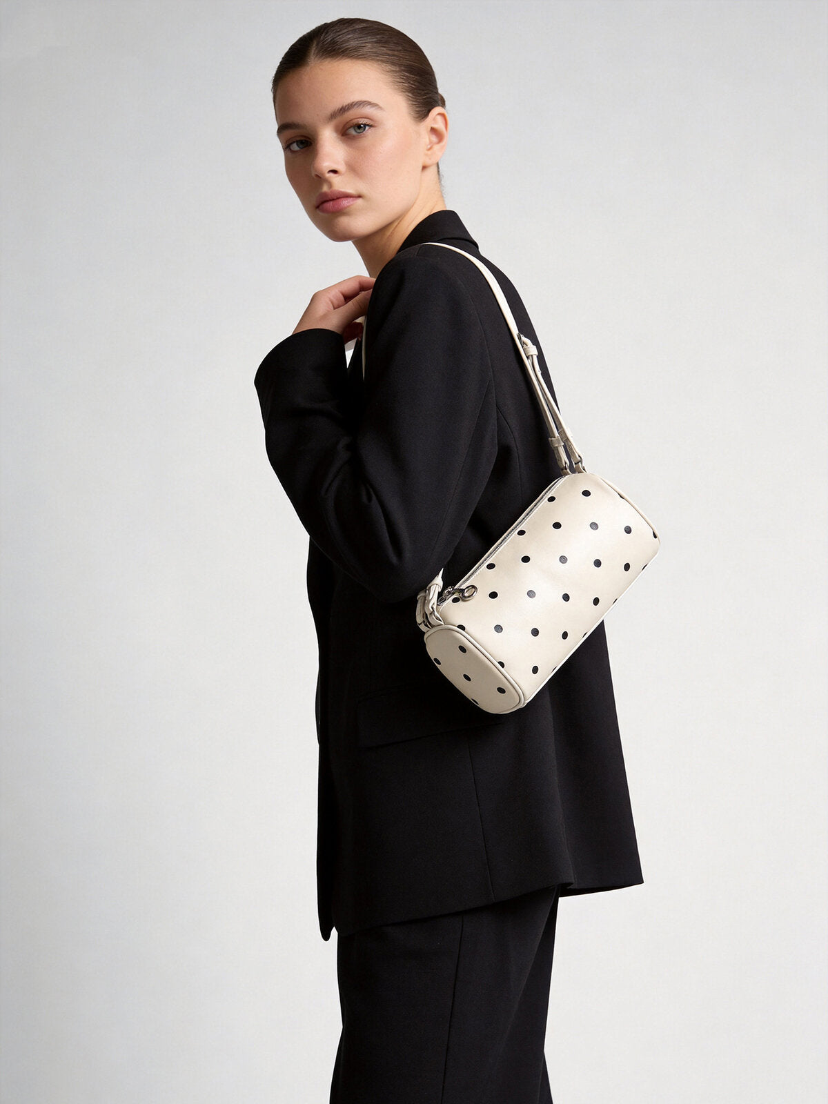 Polka Dot Cylinder Pillow Bag - Ivory