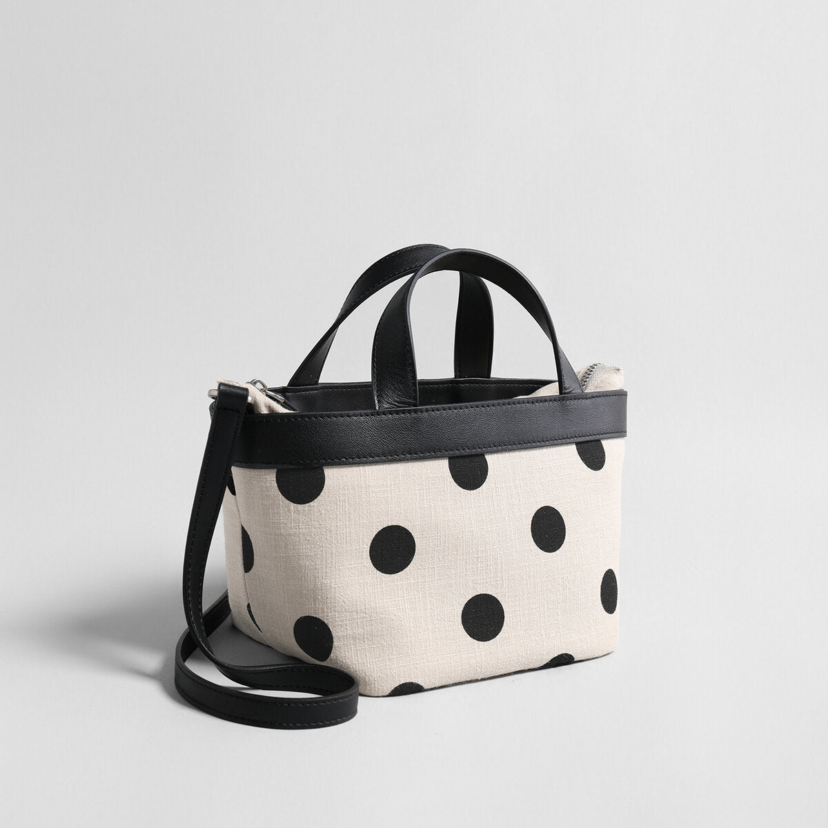 Polka Dot Cotton-Linen Canvas Mini Tote Bag - Ivory