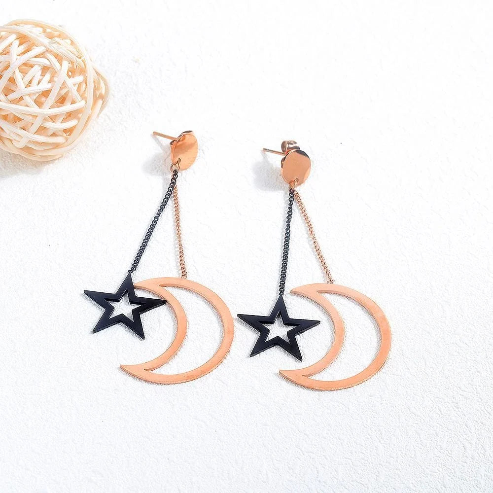 Bullion Gold Shimmering Moon Star Drop Earrings