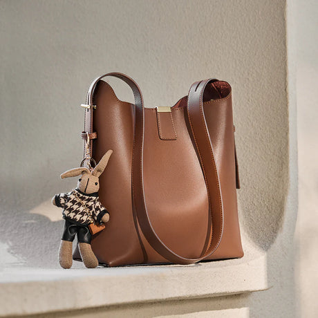 Nalandu Natalia Rabbit Charm Leather Work Tote Bag - Coffee