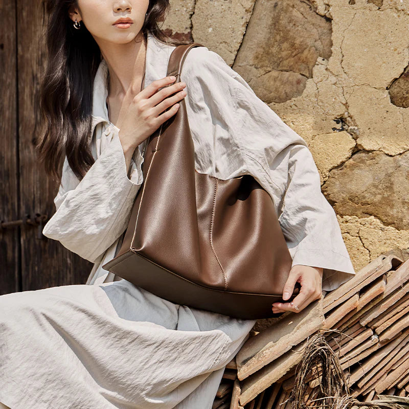 Nalandu Soft Slouch Genuine Leather Oversized Tote Bag - Coffee