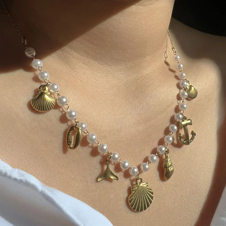 Bullion Gold Beaded Sea Pearl Charm Gold Necklace