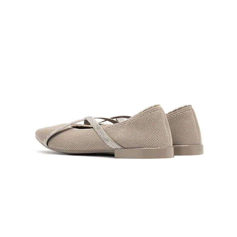 Rhinestone Cross Strap Pointed Toe Knit Flats - Sand