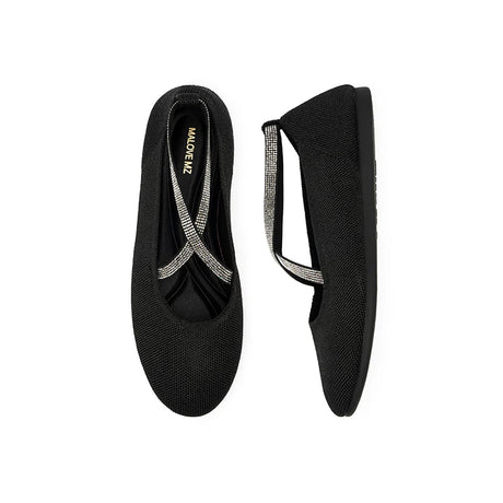 Rhinestone Cross Strap Knit Ballet Flats - Black