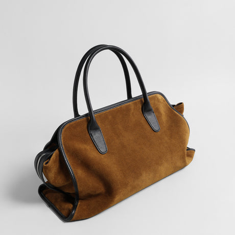 Vintage Caramel Velvet Tote Bag – Leather-Trim Structured Shoulder Bag