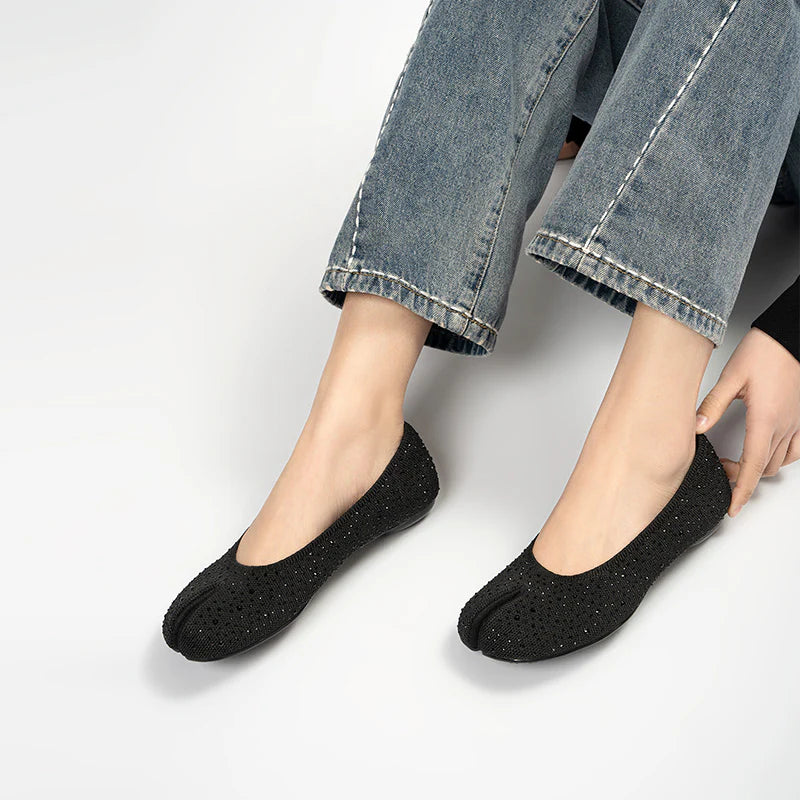 Glam Rhinestone Split Toe Flats - Black