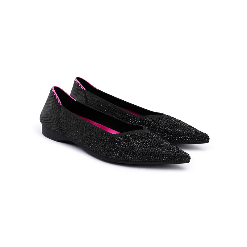Rhinestone Knit Pointed Toe Ballet Flats - Black