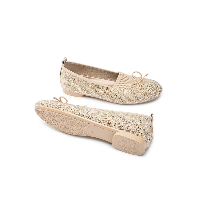 Rhinestone Bow Knit Round Toe Ballet Flats - Champange