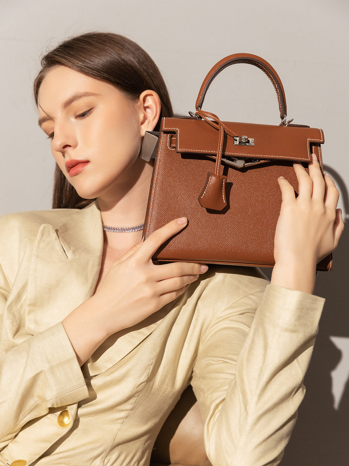 Clifton Palm-Grain Calfskin Top Handle Bag - Brown