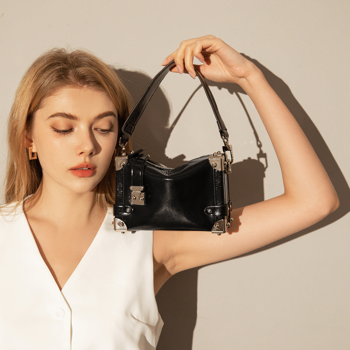 Mini Trunk Top Handle Bag with Metal Embellishments - Black