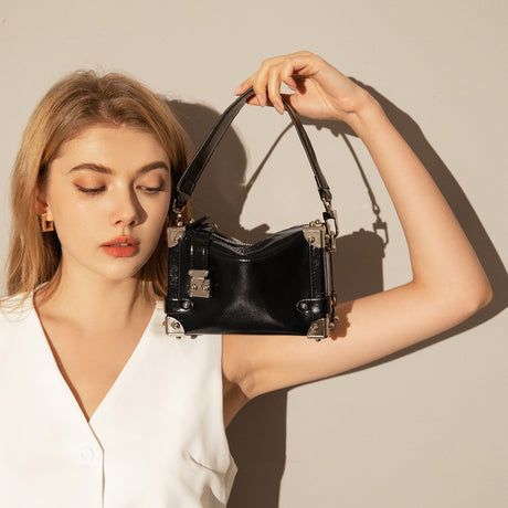 Mini Trunk Top Handle Bag with Metal Embellishments - Black