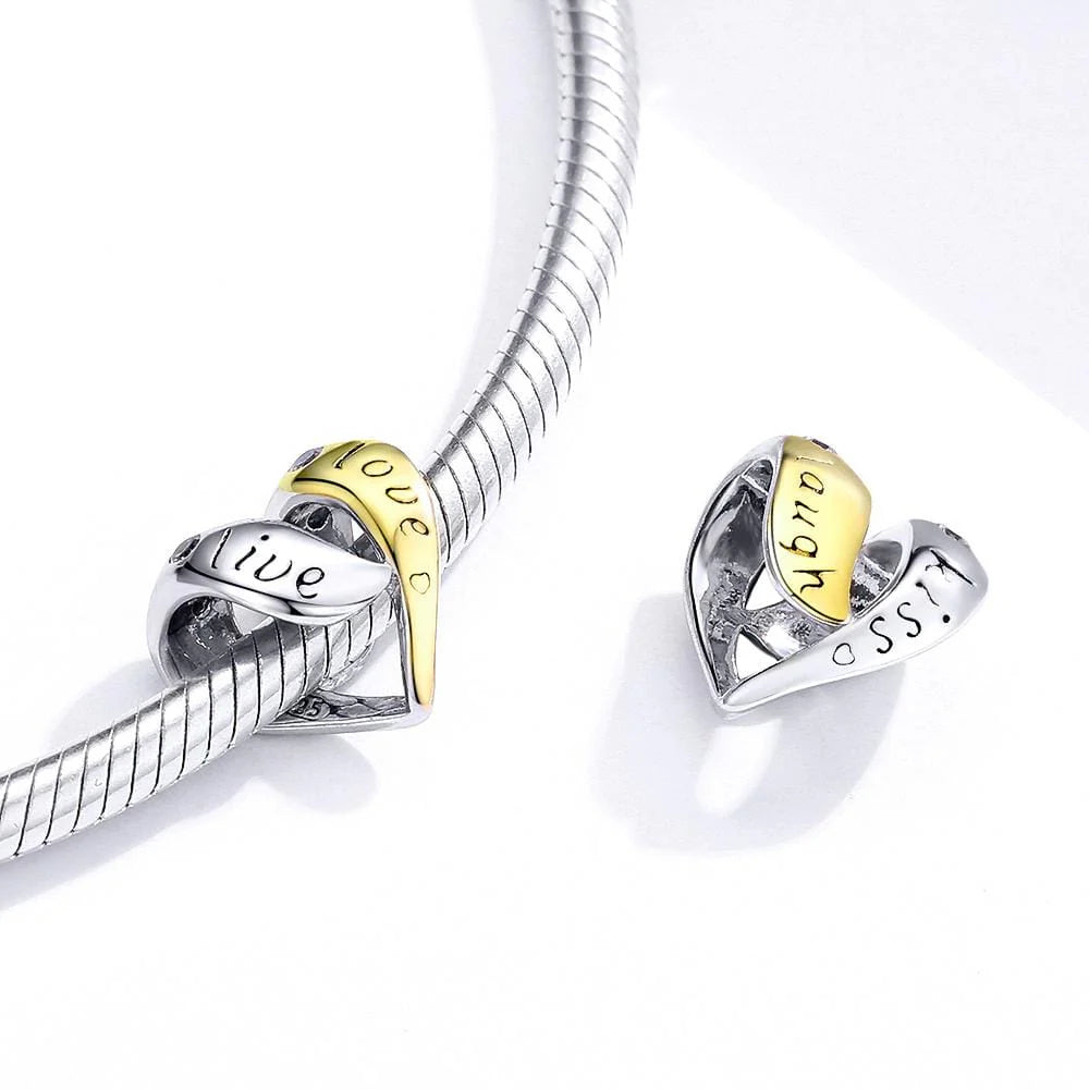 Solid 925 Sterling Silver Live Love Kiss Laugh Heart Pandora Inspired Charm