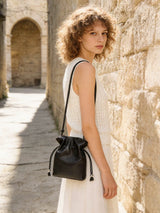 Soft Calfskin Drawstring Bucket Bag - Black