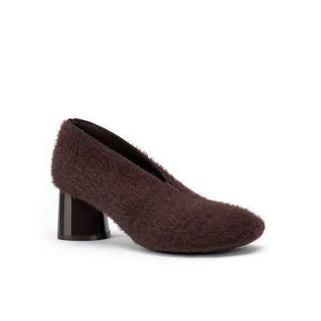 Fuzzy Round Toe Block Heel Pumps - Chocolate