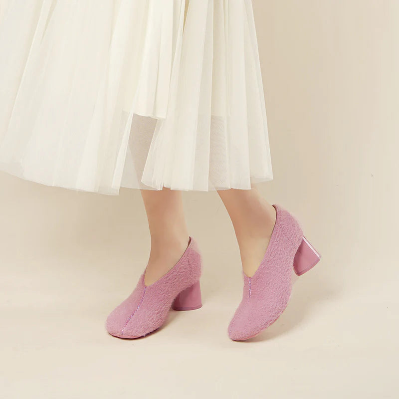 Fuzzy Round Toe Block Heel Pumps - Pink