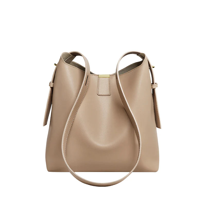 Nalandu Minimalist Genuine Leather Bucket Shoulder Bag - Taupe